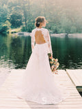 A-line Scoop Long Sleeve Lace Wedding Dresses Open Back Rustic Forest Bridal Gowns CBD356|Selinadress