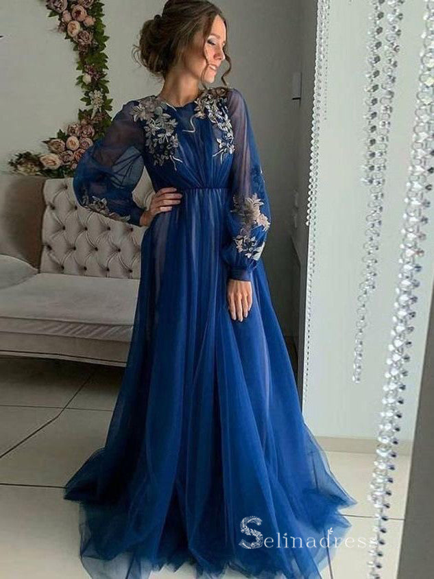 A-line Scoop Long Sleeve Prom Dresses 3D Floral Evening Gowns