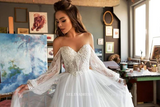A Line Scoop Long Sleeve Wedding Dresses Tulle Beach Wedding Dresses GRDK001|Selinadress
