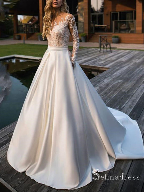 A-line Scoop Long Sleeve Wedding Dresses White Satin Bridal Gowns CBD388|Selinadress