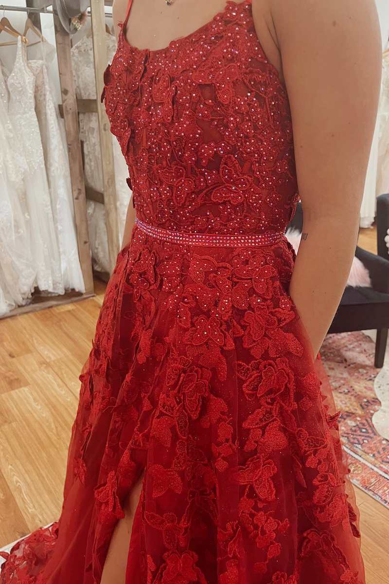 A-line Scoop Neck Red Lace Prom Dress Lace-up Prom Gown With Silt #QWE SELINADRESS A-line Scoop Neck Red Lace Prom Dress Lace-up Prom Gown With Silt #QWE SELINADRESS