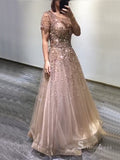 A-line Scoop Pink Beaded Long Prom Dress Elegant Evening Formal Gown SC027