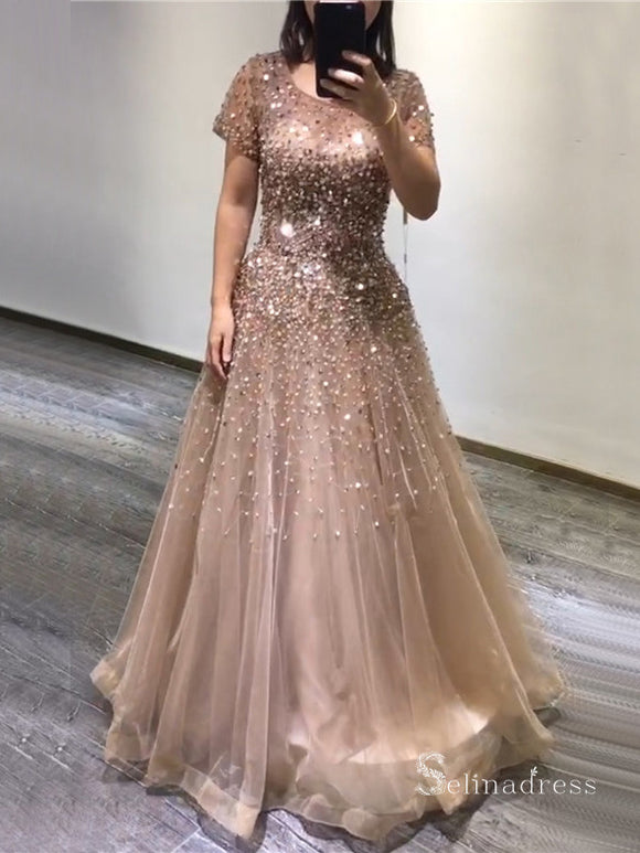 A-line Scoop Pink Beaded Long Prom Dress Elegant Evening Formal Gown SC027