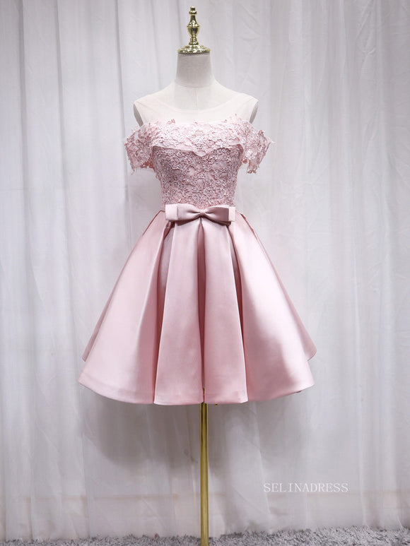 A-line Scoop Pink Lace Cute Homecoming Dress Short Prom Dresses EDS020|Selinadress