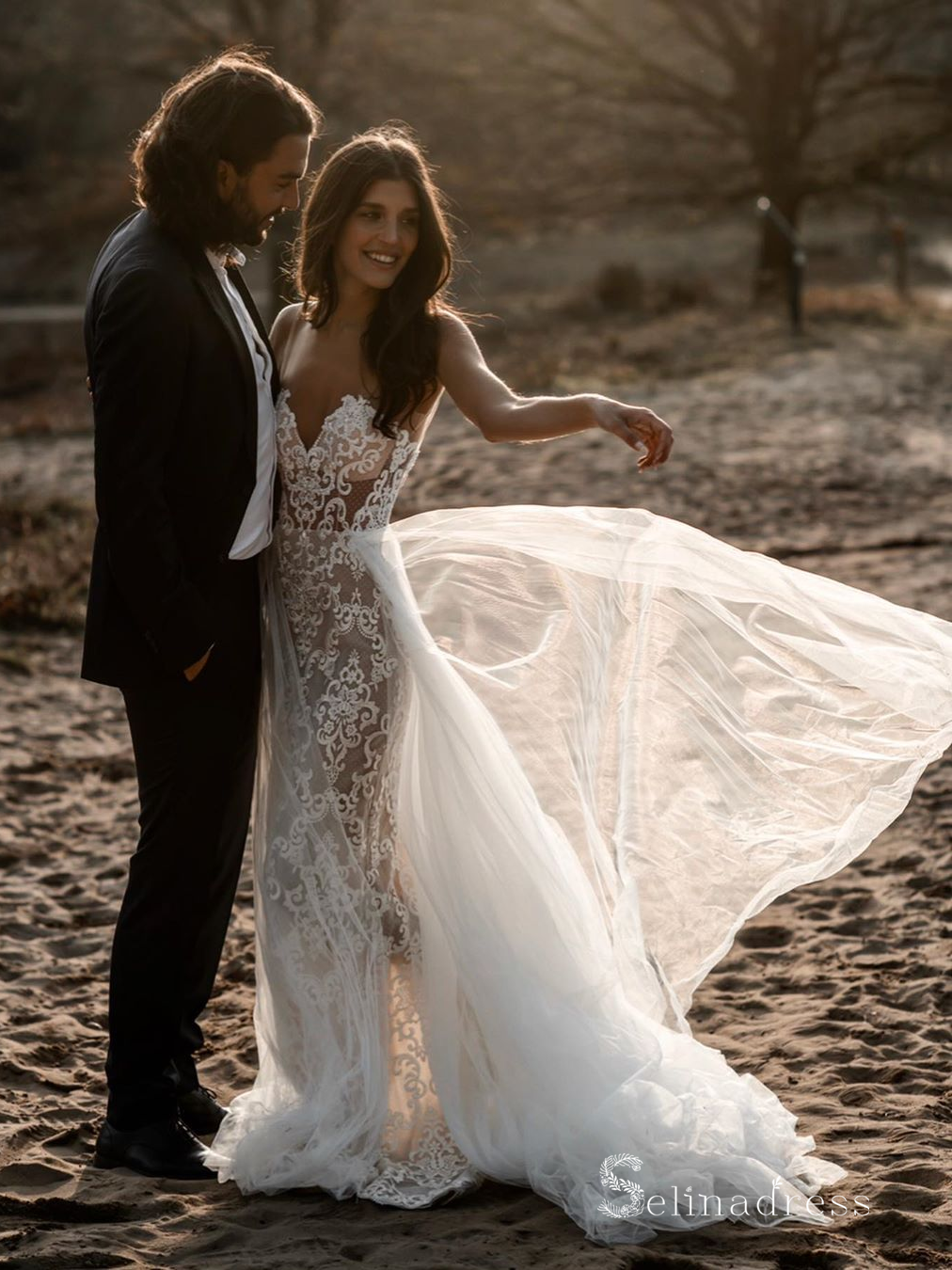 A-line Scoop See Through Rustic Applique Beaded Wedding Dresses Ivory SELINADRESS A-line Scoop See Through Rustic Applique Beaded Wedding Dresses Ivory SELINADRESS