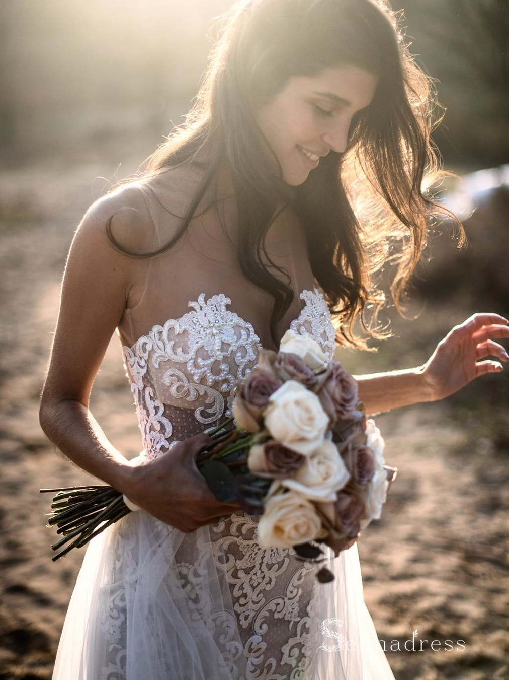 see through beaded wedding dress See Through Ivory Beach Wedding Dress With Pearl Beaded WD293 US4 / White