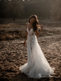 A-line Scoop See Through Rustic Applique Beaded Wedding Dresses Ivory Bridal Gowns MHL151|Selinadress