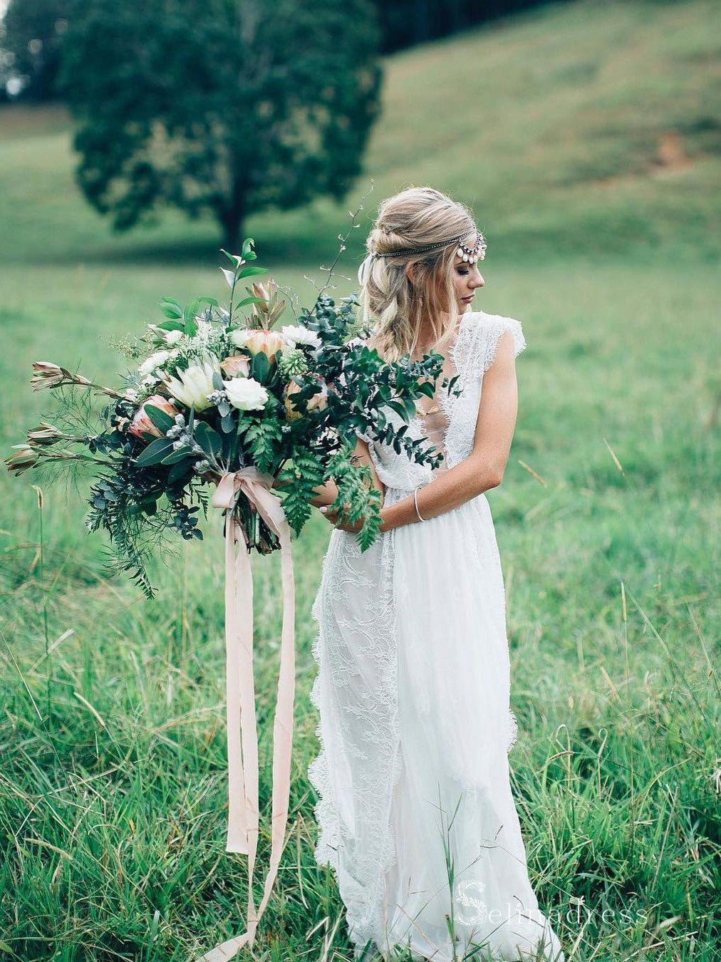A-line Scoop See Through Rustic Wedding Dresses Boho Lace Bridal Gowns SELINADRESS A-line Scoop See Through Rustic Wedding Dresses Boho Lace Bridal Gowns SELINADRESS