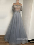A-line Scoop Short Sleeve Blue Prom Dress Long Beaded Evening Formal Gown hlks011|Selinadress