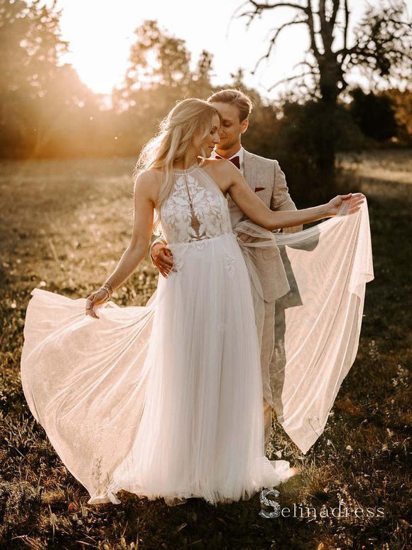 A-line Scoop Sleeveless See Through Rustic Wedding Dresses Beach Bridal Gowns CBD352|Selinadress