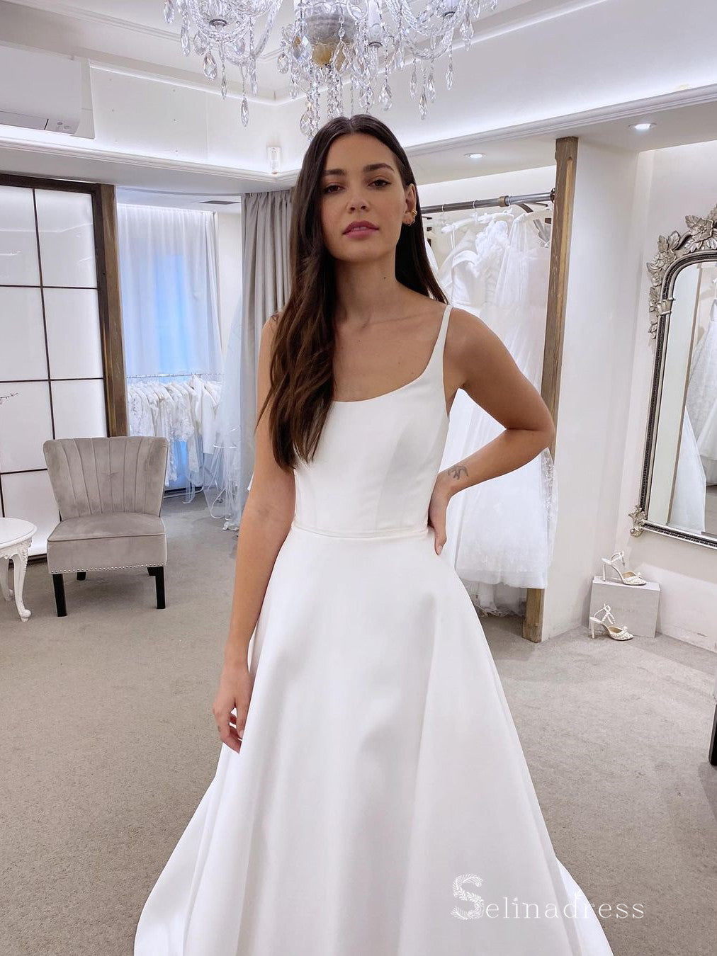 sleeveless women's white wedding dress A-line Scoop Sleeveless White Satin Wedding Dresses Cheap Bridal Gowns – SELINADRESS