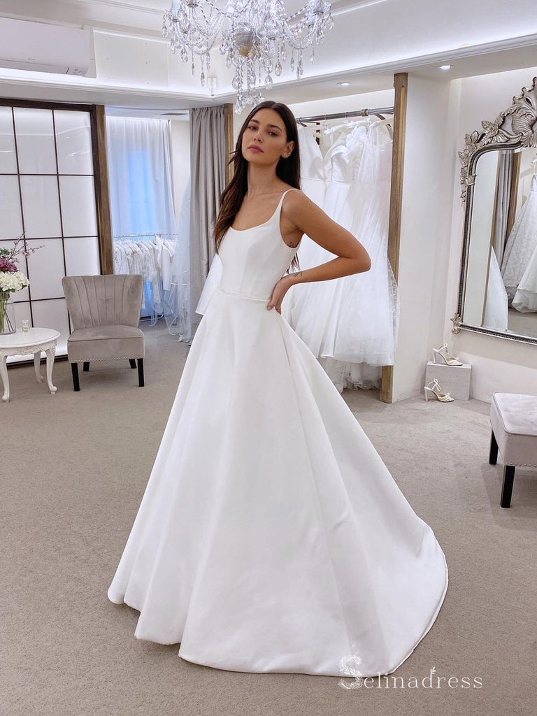 A-line Scoop Sleeveless White Satin Wedding Dresses Cheap Bridal Gowns – SELINADRESS