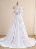 A-line Scoop White Boho Wedding Dresses White Satin Bridal Gowns CBD387|Selinadress