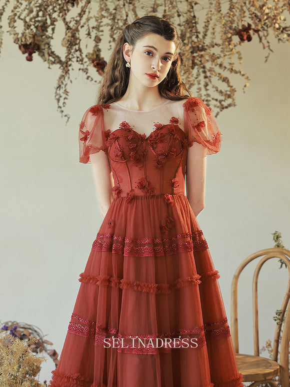 A Line Short Sleeve Long Prom Dress Red Evening Dress Party Dresses OCN001|Selinadress