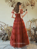 A Line Short Sleeve Long Prom Dress Red Evening Dress Party Dresses OCN001|Selinadress