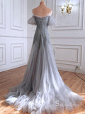 A-line Silver Long Prom Dress Beaded Chapel Train Elegant Evening Gown SC035