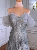 A-line Silver Long Prom Dress Beaded Chapel Train Elegant Evening Gown SC035