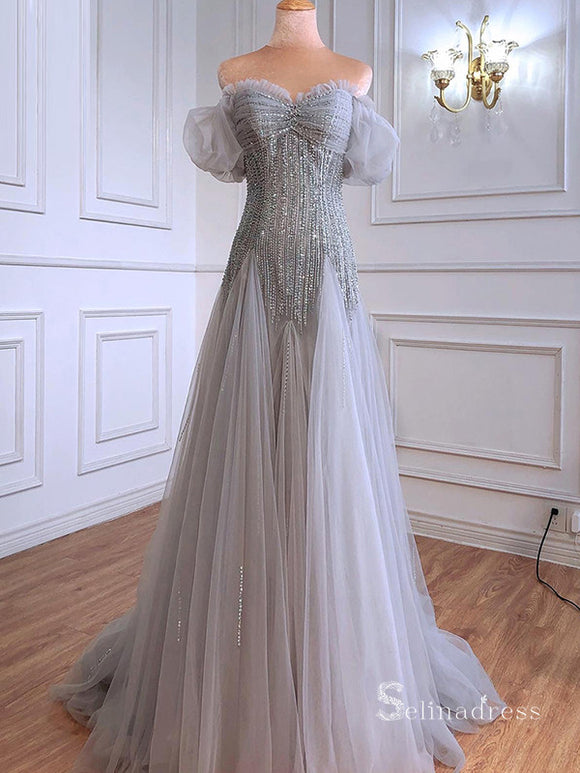 A-line Silver Long Prom Dress Beaded Chapel Train Elegant Evening Gown –  SELINADRESS