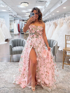 A-line Spaghetti Straps 3D Floral Lace Pink Prom Dress Long Evening Dresses #JKSS11|Selinadress