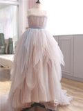 A-line Spaghetti Straps Asymmetrical Long Prom Dresses Pink Evening Dress CBD528|Selinadress