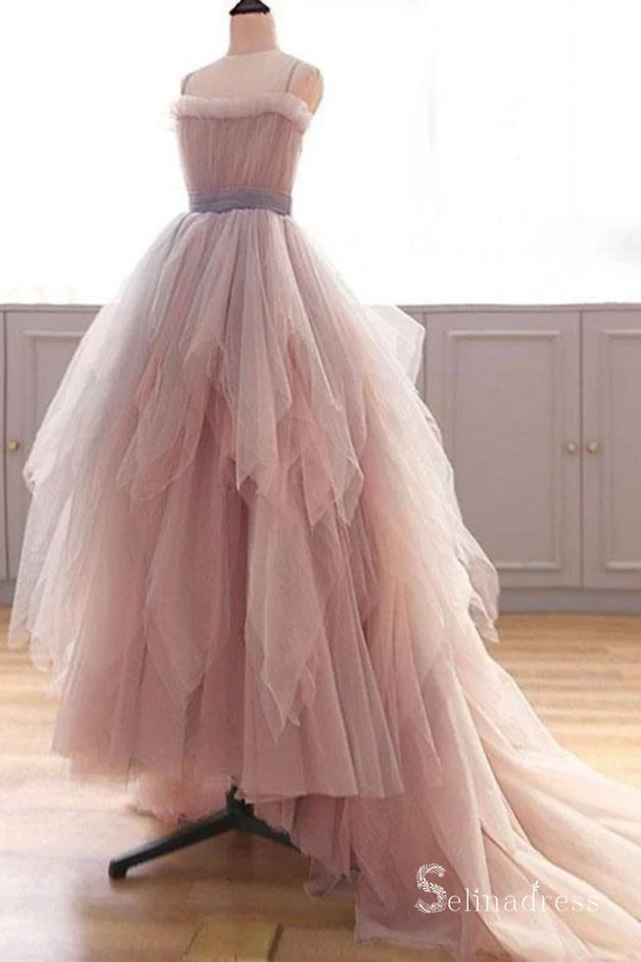 A-line Spaghetti Straps Asymmetrical Long Prom Dresses Pink Evening Dress CBD528|Selinadress