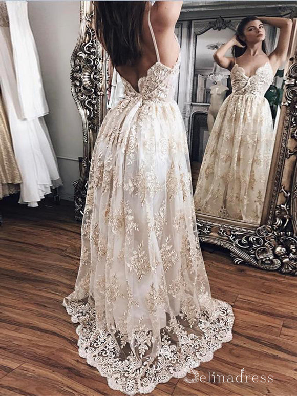 A-line Spaghetti Straps Backless Long Prom Dresses Applique Lace Evening Gowns CBD466|Selinadress