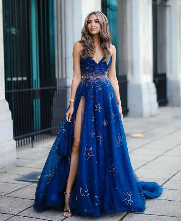 A-line Spaghetti Straps Beaded Blue Prrom Dresses with Thigh Split JKW214|Selinadress