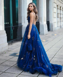 A-line Spaghetti Straps Beaded Blue Prrom Dresses with Thigh Split JKW214|Selinadress