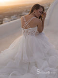 A-line Spaghetti Straps Beaded Lace Illusion Wedding Dresses CBD082
