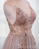 A-line Spaghetti Straps Beaded Long Prom Dress Dust Pink Gorgeous Formal Pageant Evening Dress SED049