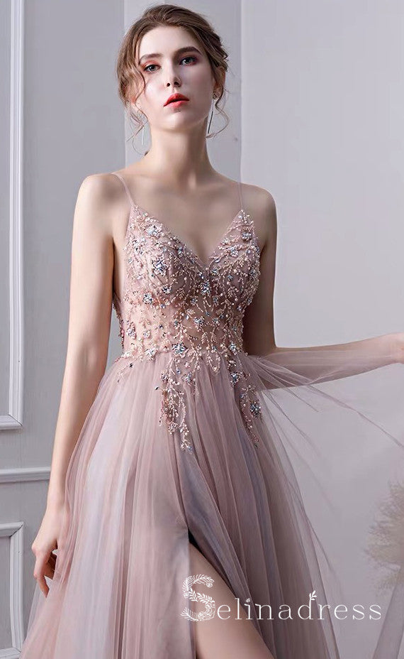 A-line Spaghetti Straps Beaded Long Prom Dress Dust Pink Gorgeous Form SELINADRESS A-line Spaghetti Straps Beaded Long Prom Dress Dust Pink Gorgeous Form SELINADRESS