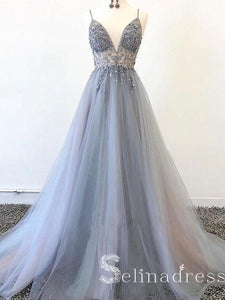 A-line Spaghetti Straps Beaded Long Prom Dress Silver Gorgeous Formal Pageant Evening Dress SED049B