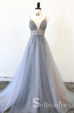 A-line Spaghetti Straps Beaded Long Prom Dress Silver Gorgeous Formal Pageant Evening Dress SED049B