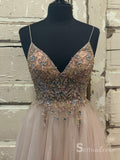 A-line Spaghetti Straps Beaded Long Prom Dresses Formal Gowns SDL015