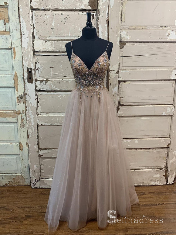 A-line Spaghetti Straps Beaded Long Prom Dresses Formal Gowns SDL015