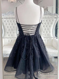 A-line Spaghetti Straps Black Lace Short Prom Dress Homecoming Dresses #MHL2894|Selinadress