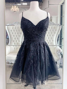 A-line Spaghetti Straps Black Lace Short Prom Dress Homecoming Dresses #MHL2894|Selinadress