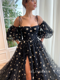A-line Spaghetti Straps Black Long Prom Dress Celestial Crystalline Gown Formal Dress Evening Dress JKSS39|Selinadress