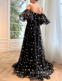A-line Spaghetti Straps Black Long Prom Dress Celestial Crystalline Gown Formal Dress Evening Dress JKSS39|Selinadress