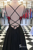 A-line Spaghetti Straps Black Long Prom Dress Embroidery Applique Formal Gowns SED018