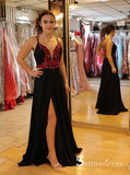 A-line Spaghetti Straps Black Long Prom Dress Embroidery Applique Formal Gowns SED018