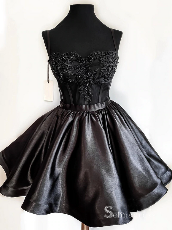 A-line Spaghetti Straps Black Short Prom Dress Beaded Homecoming Dresses Mini Party Dress MLK06167|Selinadress
