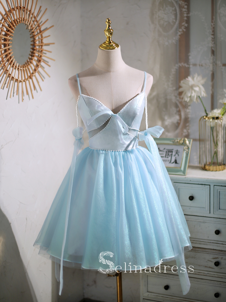 A-line Spaghetti Straps Blue Cute Short Homecoming Dress Summer Outfit SELINADRESS A-line Spaghetti Straps Blue Cute Short Homecoming Dress Summer Outfit SELINADRESS