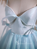 A-line Spaghetti Straps Blue Cute Short Homecoming Dress Summer Outfits THL007|Selinadress