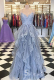 A-line Spaghetti Straps Blue Long Prom Dress Lace Formal Dresses Evening Gowns SED082