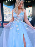 A-line Spaghetti Straps Blue Long Prom Dresses Applique Evening Gowns CBD477|Selinaddress