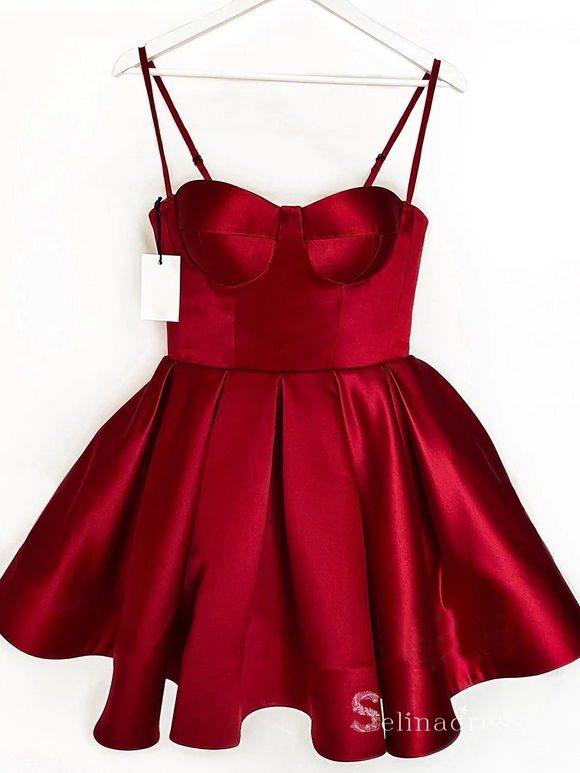 A-line Spaghetti Straps Burgundy Homecoming Dress Sweetheart Short Prom Dress MLK05171|Selinadress