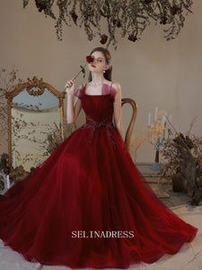 A-line Spaghetti Straps Burgundy Long Prom Dress Bridal Dresses Cheap Evening Dress OSTY004|Selinadress