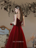 A-line Spaghetti Straps Burgundy Long Prom Dress Bridal Dresses Cheap Evening Dress OSTY004|Selinadress