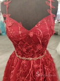 A-line Spaghetti Straps Burgundy Long Prom Dresses Applique Evening Dress CBD565|Selinadress